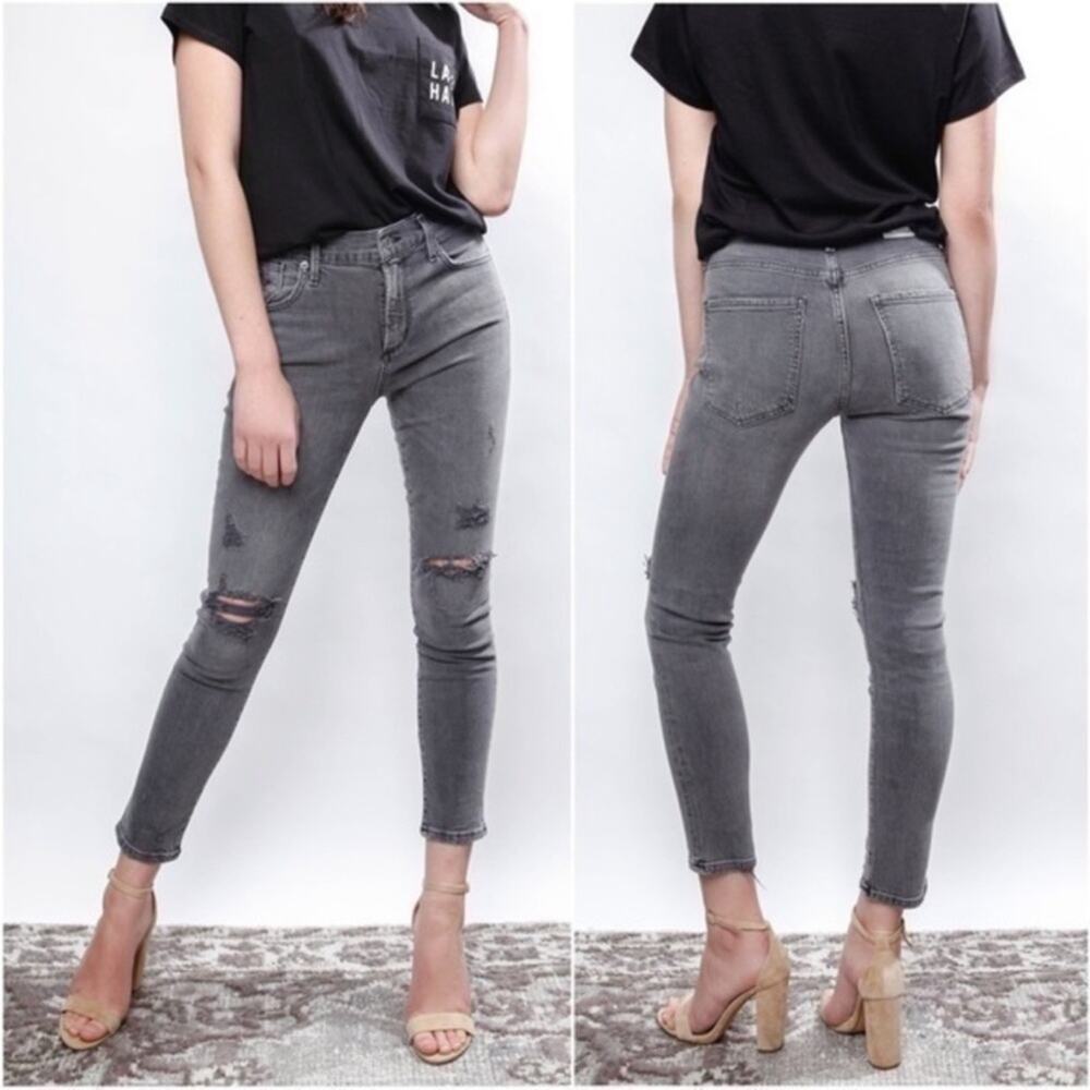 Agolde Sophie Mid Rise Distressed Crop Skinny Jeans Washed Black Grey Size 30